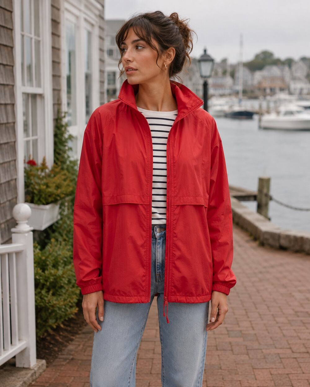 Lands End Windbreaker Womens L Red Full Zip Lightweight Jacket Coastal Preppy
